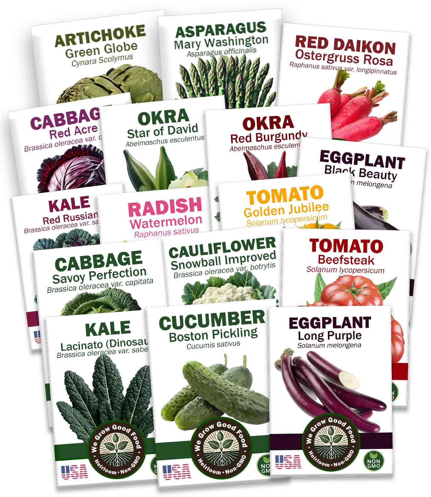assorted seed packets labeled for herbs, vegetables, and seasonal garden kits on a wooden surface