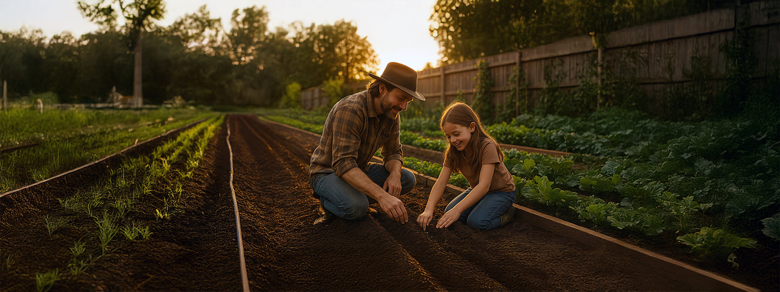 Family planting a garden together with hands in soil at sunset