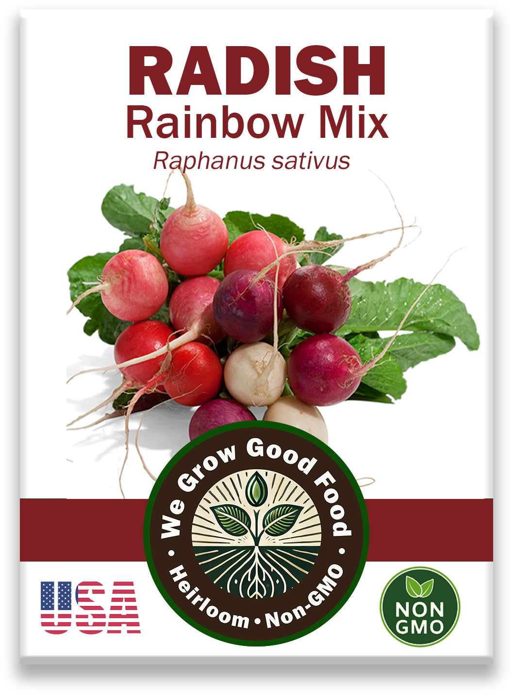 Organic Rainbow Mix Radish Seeds in labeled packet with heirloom blend