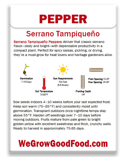 Back of Serrano Tampiqueño Pepper seed pack showing planting instructions, germination info, spacing, and harvesting tips. Includes indoor seed starting, transplant guidelines, and timing for harvesting green or red serranos. Great for beginner and experienced growers.