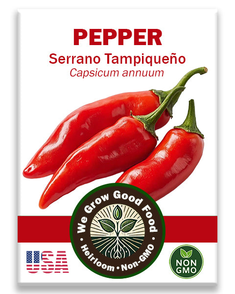 Serrano Tampiqueño Pepper seed packet featuring heirloom, non-GMO hot pepper seeds. Displays vibrant green serranos on compact, productive plants. Excellent for fresh use, salsas, and pickling. A must-have for hot pepper lovers and small space growers.