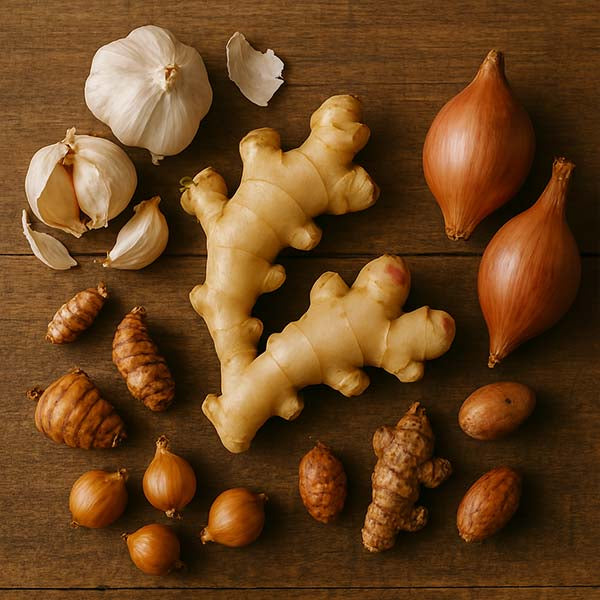 Ginger roots, garlic, and other heirloom tubers on rustic wood in a natural light garden scene