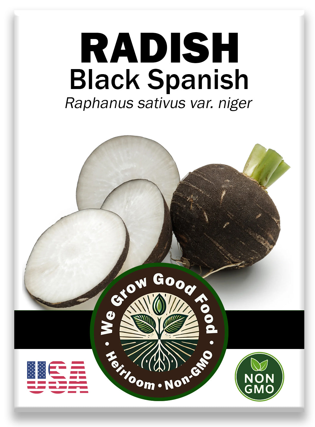 Black Spanish radish seeds in labeled paper seed packet