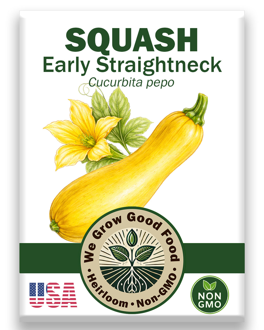 Early Prolific Yellow Straightneck squash seeds packet with yellow summer squash