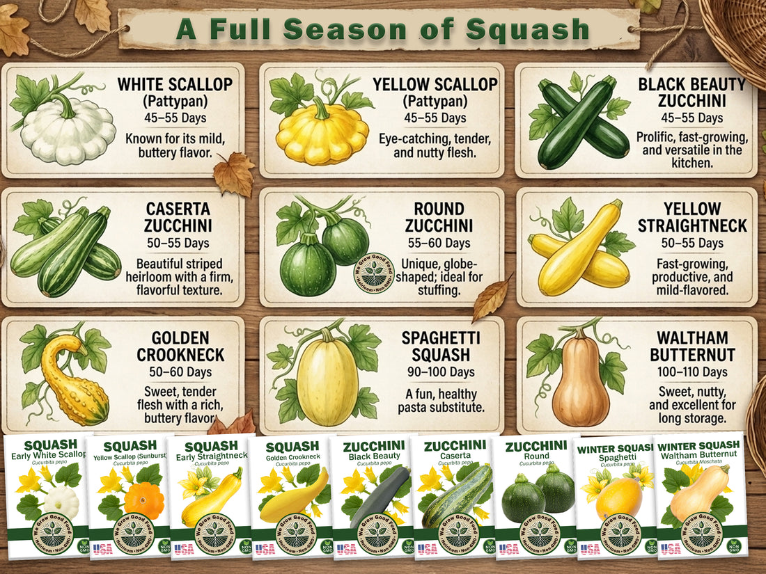 Organic Yellow Scallop, White Scallop, Black Beauty Zucchini, Caserta Zucchini, Round Zucchini, Golden Crookneck, Yellow Straightneck, Waltham Butternut, and Spaghetti Squash seeds
