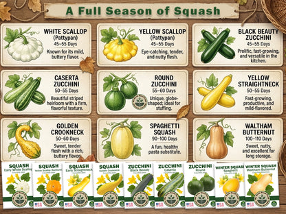Organic Yellow Scallop, White Scallop, Black Beauty Zucchini, Caserta Zucchini, Round Zucchini, Golden Crookneck, Yellow Straightneck, Waltham Butternut, and Spaghetti Squash seeds