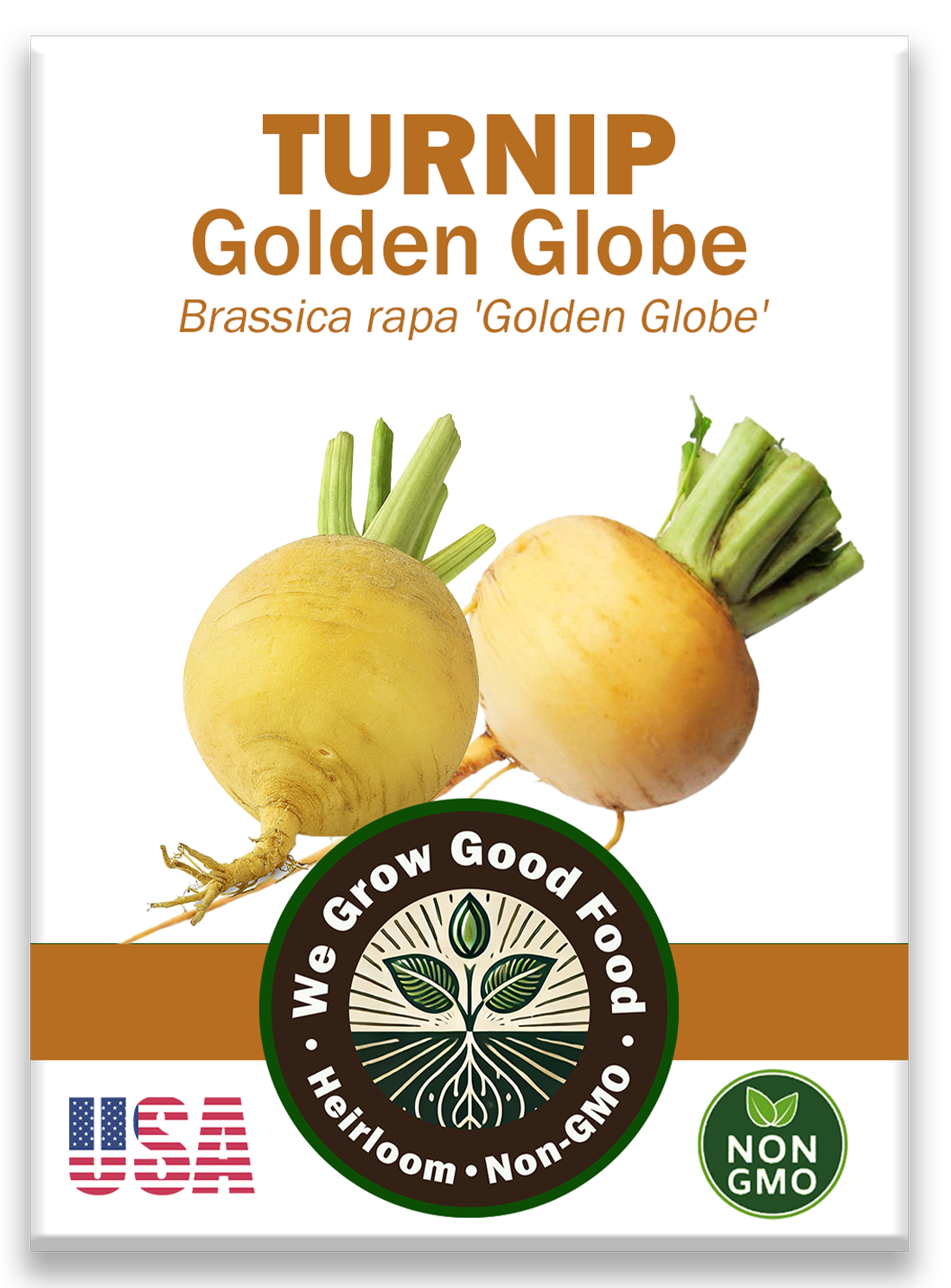 Golden Globe Turnip seed packet featuring heirloom variety name, golden root illustration, and WeGrowGoodFood branding.
