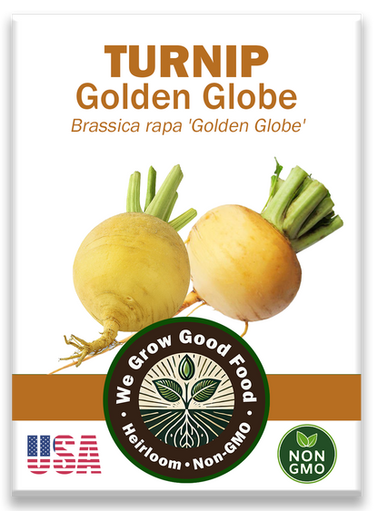 Golden Globe Turnip seed packet featuring heirloom variety name, golden root illustration, and WeGrowGoodFood branding.