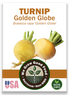 Golden Globe Turnip seed packet featuring heirloom variety name, golden root illustration, and WeGrowGoodFood branding.