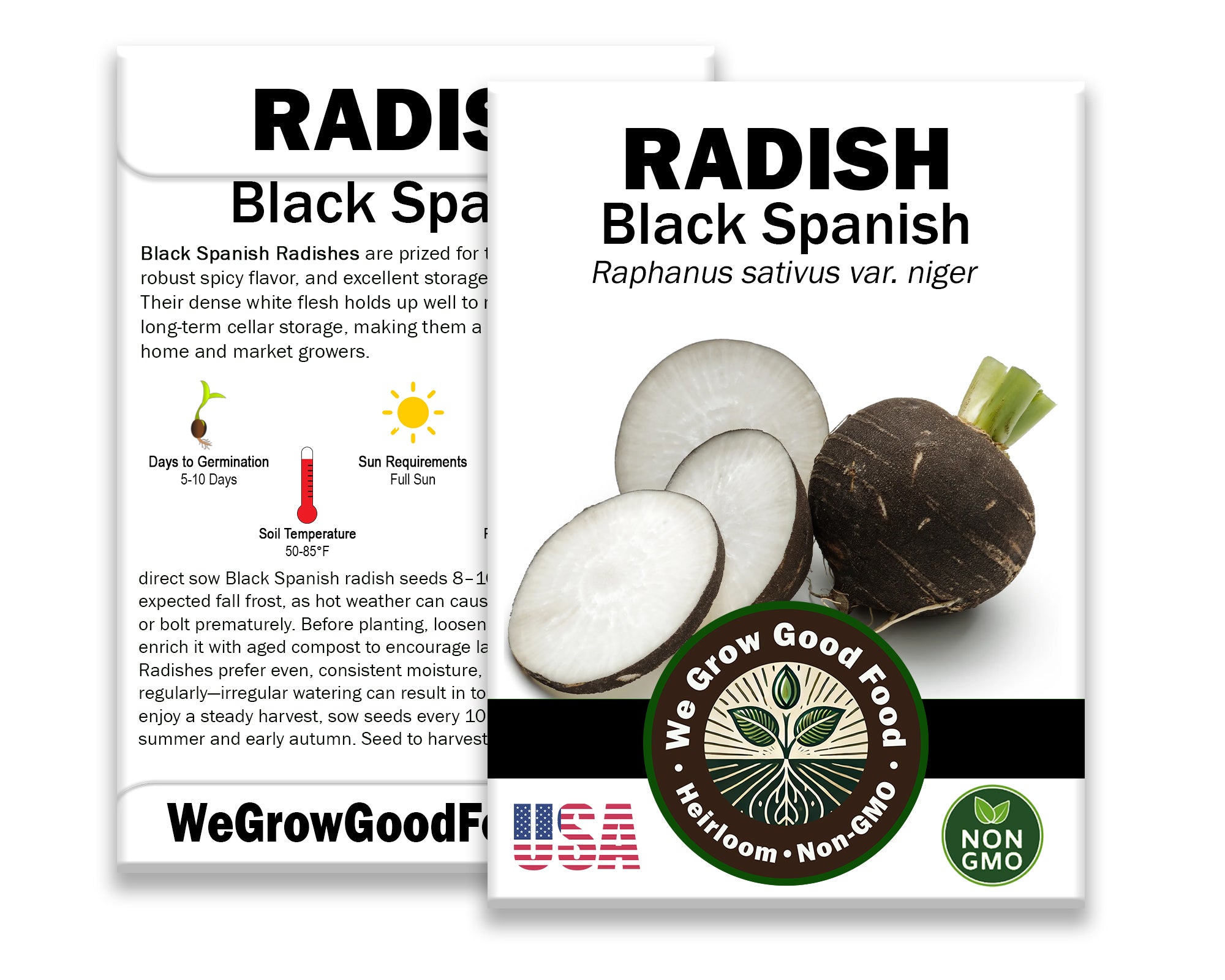 Organic Black Spanish radish seeds in labeled paper seed packet