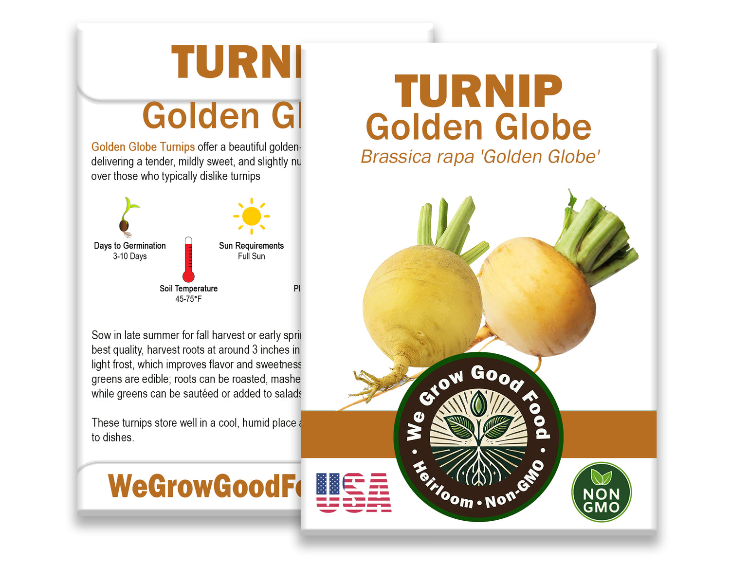 Golden Globe Turnip seed packet with planting instructions, seed count, germination info, and WeGrowGoodFood contact details