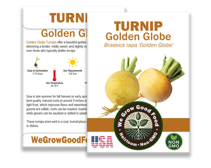 Golden Globe Turnip seed packet with planting instructions, seed count, germination info, and WeGrowGoodFood contact details