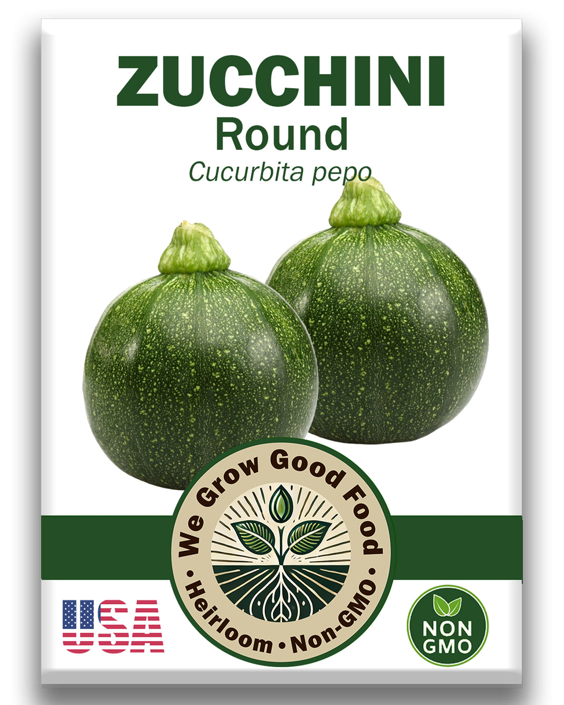 Round zucchini seeds packet with green globe zucchini squash