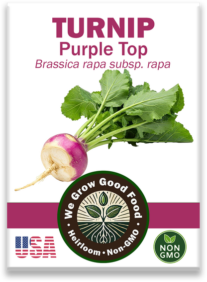 Organic Purple Top Turnip seed packet showing variety name and image.