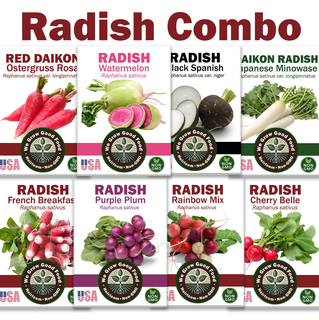 Radish Variety Seed Pack Combo with 8 labeled heirloom seed packets