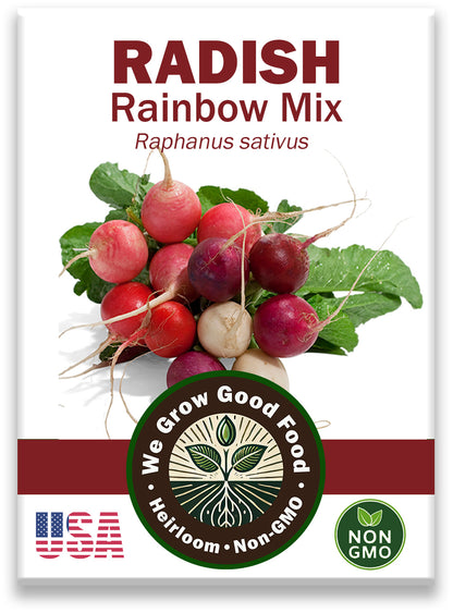 Organic Rainbow Mix Radish Seeds in labeled packet with heirloom blend