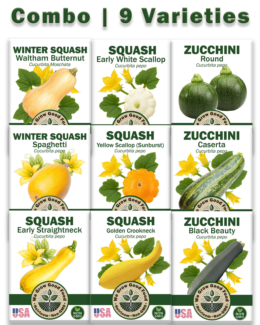 9-Variety Squash Seed Combo includes a hand-picked selection of heirloom summer and winter squash seeds: Yellow Scallop, White Scallop, Black Beauty Zucchini, Caserta Zucchini, Round Zucchini, Golden Crookneck, Yellow Straightneck, Waltham Butternut, and Spaghetti Squash.