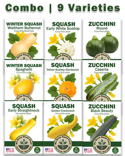9-Variety Squash Seed Combo includes a hand-picked selection of heirloom summer and winter squash seeds: Yellow Scallop, White Scallop, Black Beauty Zucchini, Caserta Zucchini, Round Zucchini, Golden Crookneck, Yellow Straightneck, Waltham Butternut, and Spaghetti Squash.